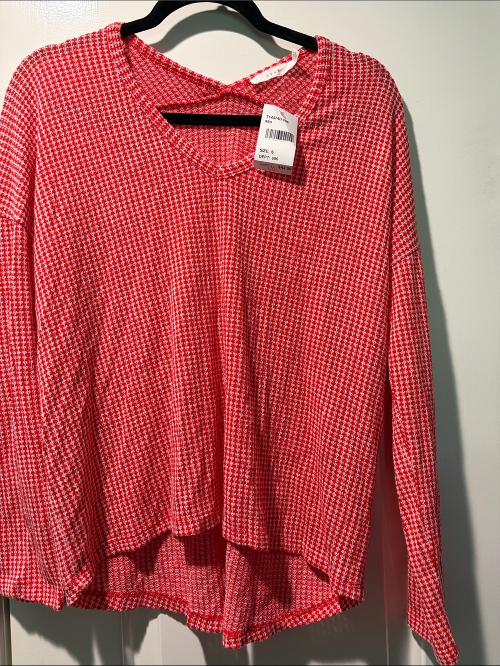Lush Pink Red Waffle Knit V-Neck Pullover
